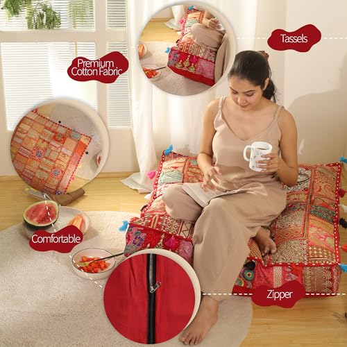 THE ART BOX Cotton Patchwork Vintage Boho Embroidered Floor Pillows & Cushion Cover Dog Pouf Seating Pouf Meditation Pillow Pet Bedding Cat Bed Boho Home Décor (35x35 Inches, Cover Only) - color: Red