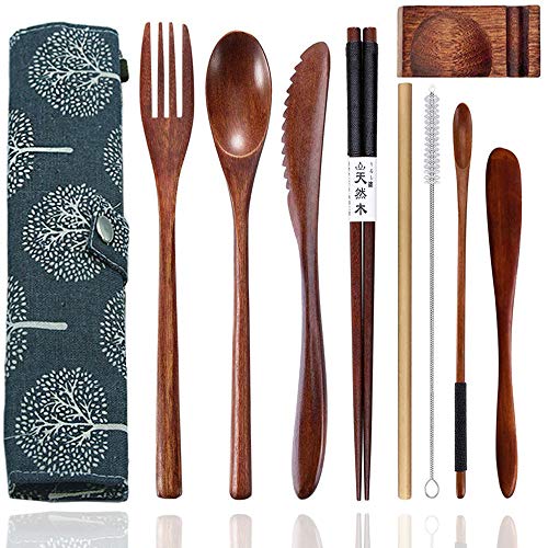 bamboo Utensils for Eating Reusable wooden travel flatware set with Case 9 Pcs durable wooden cutlery wooden spoons forks and chopsticks Wood Flatware Set with Knife Fork Spoon Chopsticks Straw - color: Wooden Cutlery Set
