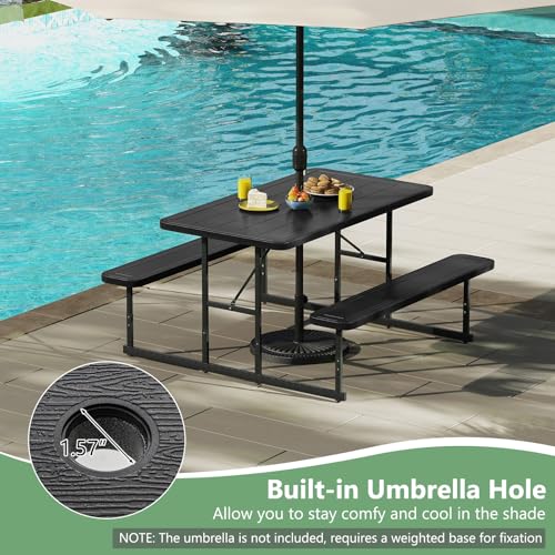 LDAILY Picnic Tables with Benches, Rectangular Dining Table Set for Outside 4 People, HDPE Tabletop, Metal Frame, Umbrella Hole, Heavy Duty Picnic Table for Outdoors, Patio, Lawn, Commercial (Black) - color: Black