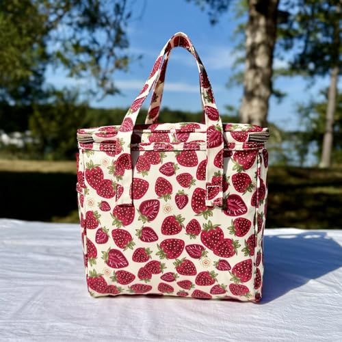 Kwang Min Floral Insulated Lunch Bag for Women,Reusable Lunch Box,Large Cooler for Office,Picnic Outdoors,Premium Quality Waterproof Fabric,Ideal Gift for Outdoors and work (Beige Strawberry) - color: Beige Strawberry