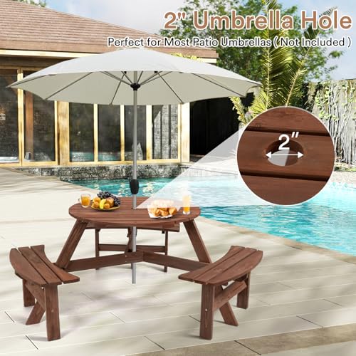Zevemomo 6 Person Wood Picnic Table, Round Tabletop with Umbrella Hole, 3 Built-in Curved Benches, 1720LBS Total Capacity for Patios, Backyard, Brown - color: Brown, style: 6-Person