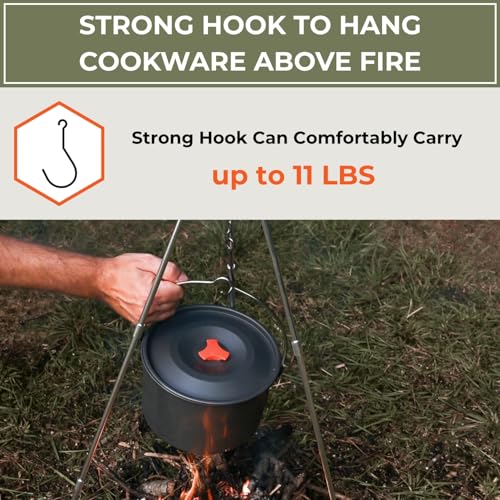 Tactiko Survival 33" Camping Tripod for Cooking - Stainless Steel Folding Stand, Adjustable Chain – Compact, Lightweight Outdoor Gear for Hanging Kettles, Pots & Percolators