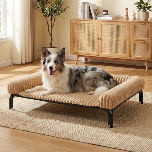 Elevated Dog Bed with Removable Fluffy Pillow Cushion, Raised Pet Cot Washable Bolster, Dog Couch Sofa, Anti Slip Feet, Breathable Mesh, Khaki, 43"×32" - color: khaki, size: L(43"×32"×8")