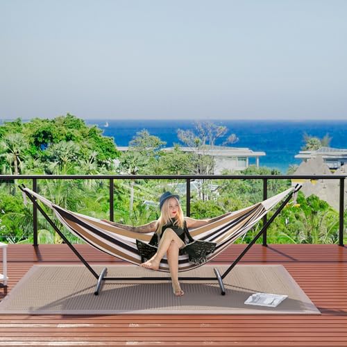 Double Hammock with Steel Stand - 2 Person Hammock Bed Indoor Outdoor, Brazilian-Style, with Carry Bag, 450lb Capacity, Portable & Easy Assembly, Coffee - color: Coffee