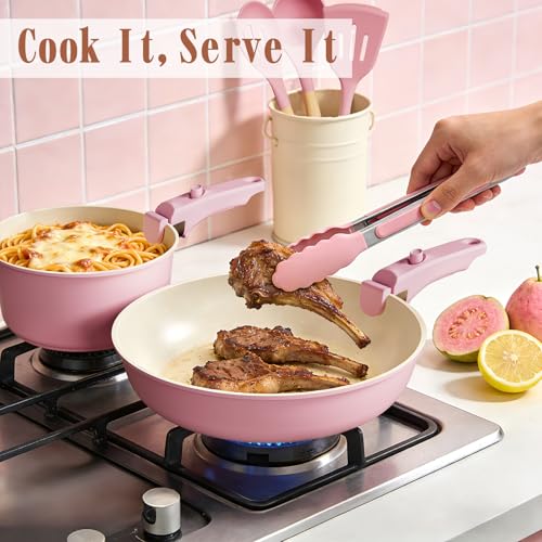 Umite Chef Pots and Pans Set Non Stick, 21 pcs Nonstick Ceramic Cookware Set, RV Kitchen Cooking Set with Detachable Handles, Oven Safe, Induction Cookware, Stackable, Pink, PFAS PFOA & PTFE Free - color: Pink