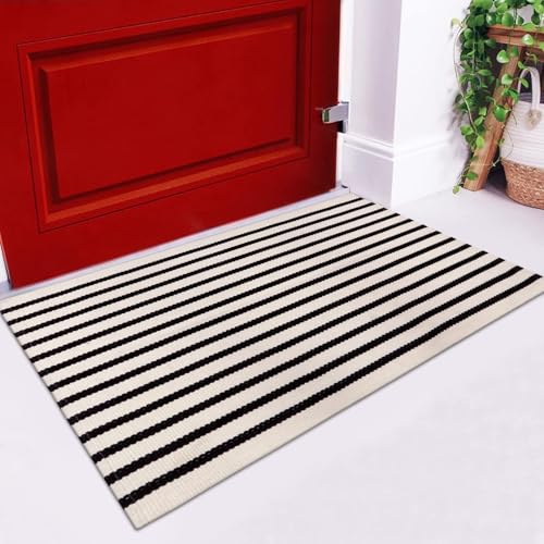 LEEVAN Black and White Striped Rug Doormat 2x3 Washable Front Porch Rug Farmhouse Layered Door Mats Outdoor Cotton Hand Woven Throw Carpet for Entryway/Front Steps/Bathroom/Home Entrance - color: Black and White, size: 2' x 3' (Rectangular)