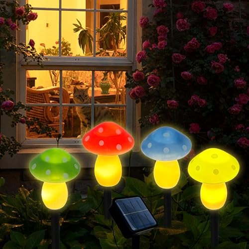 4Pcs Mushroom Solar Lights Outdoor, Waterproof Fairy Houses Light Mushroom Garden Decor Decorative Solar Powered Garden Stake Lights for Outside Lawn Walkway Patio Yard (Red/Yellow/Green/Blue) - color: Multicolor