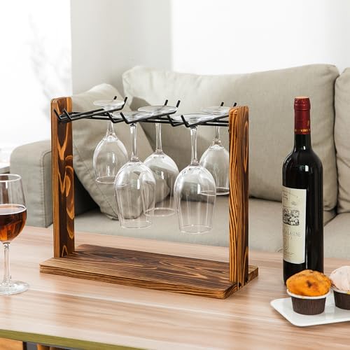 Rustic Wine Glass Hanging Rack Torched Brown Wooden Matte Black Metal Wire 6-Slot Drinking Glassware Holder Champagne Flutes Counter Top Tabletop Drying Displaying Kitchen Bar Dining Table