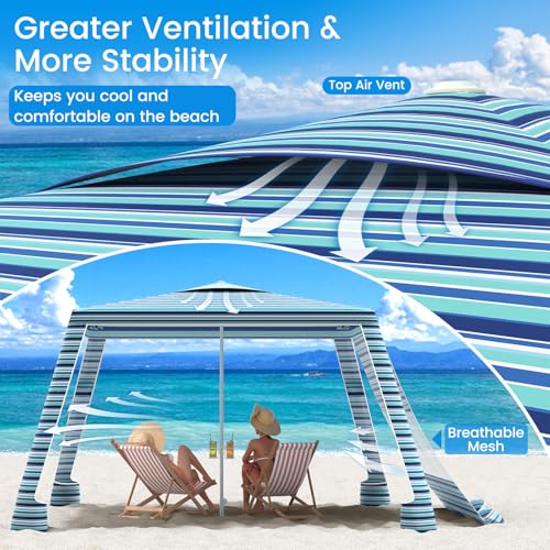 MoKo Beach Cabana, 8'×8' Large Beach Canopy with Side Wall, UPF 50+ Protection Easy Setup Beach Tent Sun Shelter, Adjustable Height Wind Resistant Cabana Beach Tent for Whole Family, Blue-Green Stripe - color: Blue-Green Stripe