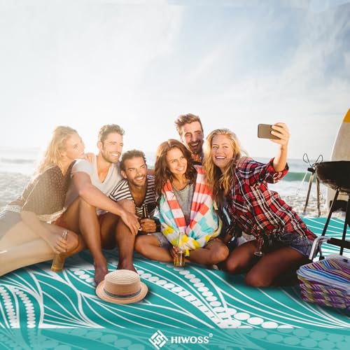 Beach Blanket Waterproof Sandproof Oversized 95”x 80”,Sand Free Beach Mat with Corner Pockets,Portable Mesh Bag (WaveBeaded-Turquoise)