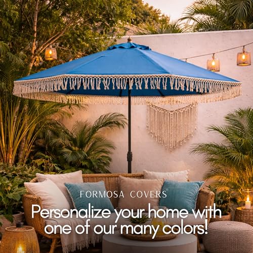 Formosa Covers 9ft 8-Rib Boho Replacement Umbrella CANOPY ONLY with Tassel Fringe Valance — Olefin Fabric, UV-Treated, Fits Market Patio Frames - color: Tassel Capri Blue