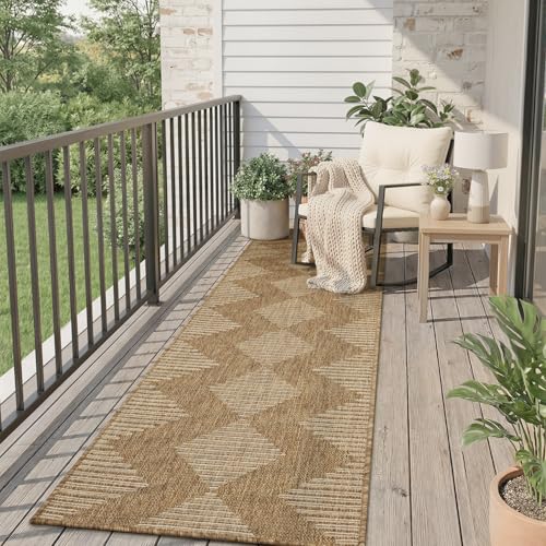 MontVoo-Polypropylene 2x8 ft Long Indoor Outdoor Runner Rugs for Entryway Entrance Porch Hallway Kitchen, Textured Weave, Durable for High Traffic, Fade-Resistant, Boho Geometric Neutral Brown - color: Brown Beige, size: 2' x 8' (Runner)