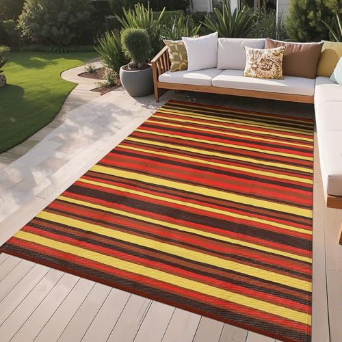 GarveeHome 9x12 Outdoor Rug Modern Geometric Reversible Plastic Straw Outdoor Large Rugs Colorful Striped Lines Outside Decor Carpet Waterproof Portable for Balcony Camping Picnic, Red Orange Yellow - color: Geometric Stripes| Red Orange Yellow, size: 9'