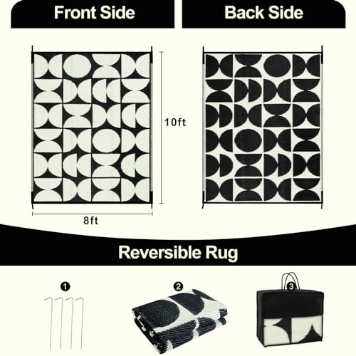 Wonnitar 8x10 Outdoor Rug, Large Waterproof Reversible Outdoor Patio Area Rug, Indoor/Outdoor Plastic Straw Portable Camping Rug for Outside RV Balcony Garden Deck (Black & White,8'x10') - color: Black & White, size: 8' X 10' (Rectangular)