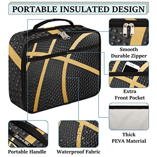 Kids Lunch Box for Boys Girls Balck Gold Sport Basketball Insulated Lunch Bag Reusable Small Cooler Bag Meal Containers Tote Kit for School Travel Women Men - color: black basketball