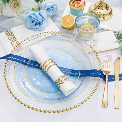 DaYammi 350PCS Clear Blue Gold Plastic Dinnerware Set for 50 Guests, Hammered Disposable Plates for Party, Include: 50 Dinner Plates, 50 Dessert Plates, 150 Gold Silverware, 50 Napkins, 50 Cups - color: Clear Blue, size: 350 Pcs