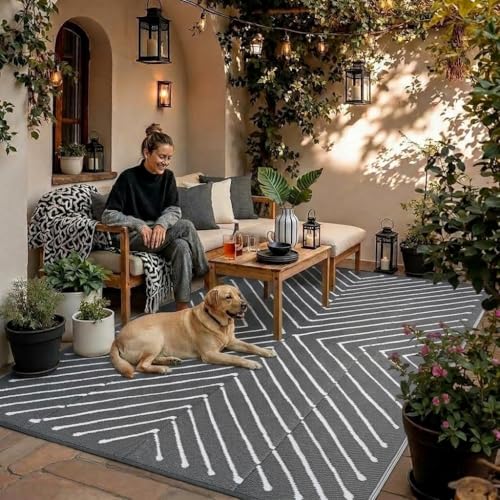Garvee 8x10 Outdoor Patio Carpet Reversible Waterproof, Large Portable RV Camping Rug for Deck, Porch, Backyard, Balcony, Beach, Grey&White Outdoor Mat - color: Greywhite, size: 8' x 10' (Rectangular)