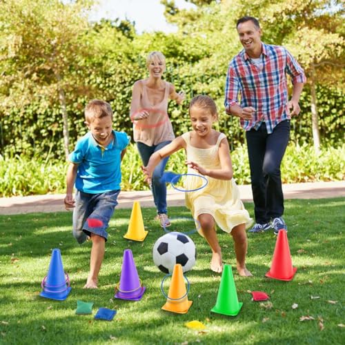 OBTANIM 26 Pcs Plastic Colorful Cones Ring Toss Combo Set Outdoor Carnival Games for Kids Adults Birthday Party Throwing Backyard Games - style: Cones Ring with Bean Bags