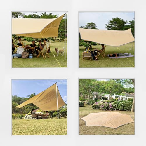 16x16 ft Large Camping Tarp Waterproof Hammock Rain Fly Camping Awning Sun Shelter Khaki (Without Pole) (Khaki) - color: Khaki