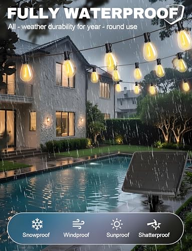 Tenmiro 120FT Solar Outdoor String Lights with Remote and 32+2 LED Shatterproof Bulbs Dimmable & Timing 3 Light Modes Solar Patio String Lights for Cafe, Garden, Deck, Outside Wedding Last for 10+Hrs - size: Solar 120FT