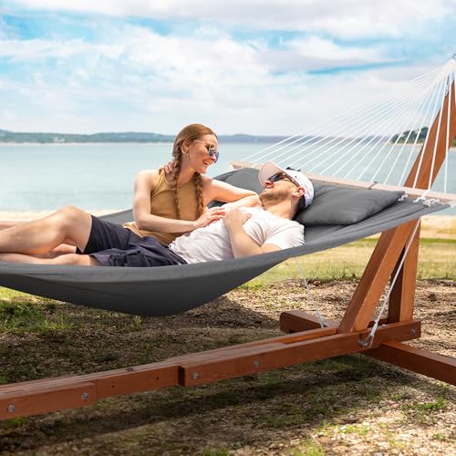 SUNCREAT Hammocks Double Hammock with Adjustable Wooden Stand Included, Outdoor Hammocks for Outside, 475 lbs Capacity, Dark Gray - color: Dark Gray With Adjustable Stand