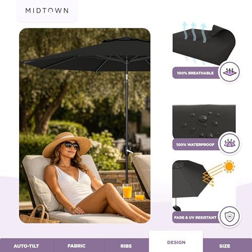Midtown Umbrellas - The Lean 9 Ft Patio Umbrella with Fade-Resistant Sunbrella Fabric, Auto-Tilt Aluminum Frame and 8 Reinforced Ribs for Deck, Pool & Garden - Black Canopy, Black Pole - color: Sunbrella Black, size: 9 Feet