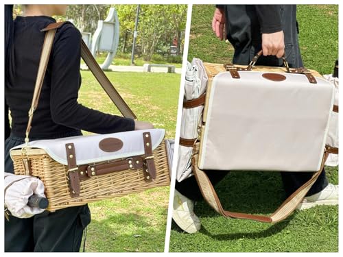 Multifunctional Wicker Picnic Basket Set for 2 Adults with Picnic Table and Blankets,Large Insulated Picnic Set with Wine Pouch and Full Tablewares for Camping Outdoor Couples Natural Beach Wedding - color: Nature2