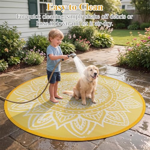 Round Outdoor Rug 6ft Waterproof Reversible Boho Plastic Straw Patio Deck Camping Rugs, Indoor Outdoor Portable RV Mat Carpet for Outside, Porch, Balcony, Backyard, Beach, Pool, Yellow - color: Yellow, size: Round 6ft