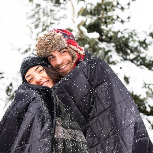 DUKUSEEK Stadium Blanket for Outdoor Sports, Waterproof Hooded Blankets, Windproof Warm Fleece Blankets for Camping Stadium, Beach, Picnic, Concerts, Car, Dog, 79x58 - color: Black-blue-plaid