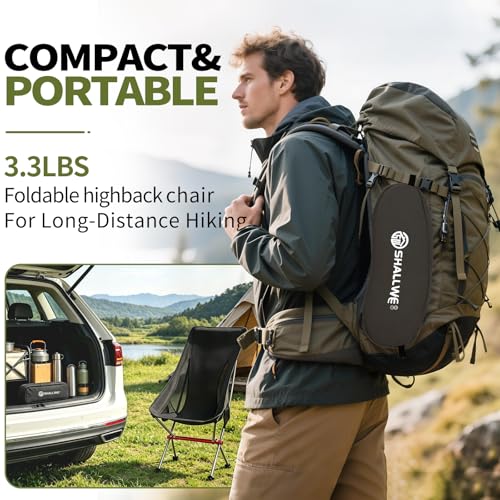 SHALLWE Camping Chairs, All Aluminum Frame Portable Folding Camp Chair for Adults, Heavy Duty High Back Collapsible with Built-in Pillow, Side Pocket, Carry Bag for Backpacking, Hiking, Beach - color: Black