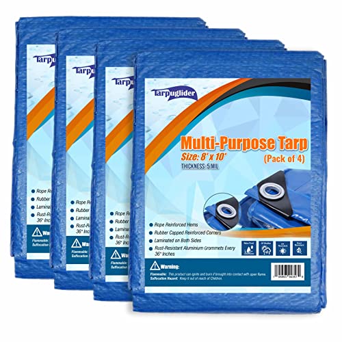 Blue Tarp Pack of 4 Tarps Heavy Duty waterproof 8x10 Large Multipurpose Poly Outdoor Tarps Cover 5 Mil Thickness Blue Tarpaulin Reinforced Rip Resistant Rubber Edges With Aluminum Grommets