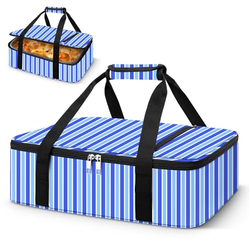 Coobiiya Insulated Casserole Carrier,Lasagna Lugger Tote Keeps Food Hot or Cold,Thermal Lunch Bag Warmer & Cooler Carrier Bag,Portable Tote Bag Fits 9" x 13" Baking Dish for Picnic and Cookout - color: Stripes, size: Single Layer: 15.75 × 11.8 × 4.7 in
