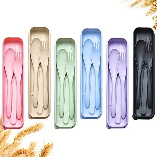 Reusable Travel Utensils Set with Case, 6 Sets Wheat Straw Portable Knife Fork Spoons Cutlery, Eco-Friendly BPA Free Plastic Tableware for Kids Adults Travel Picnic Camping Utensils - color: 6 Sets - Multiple Colors