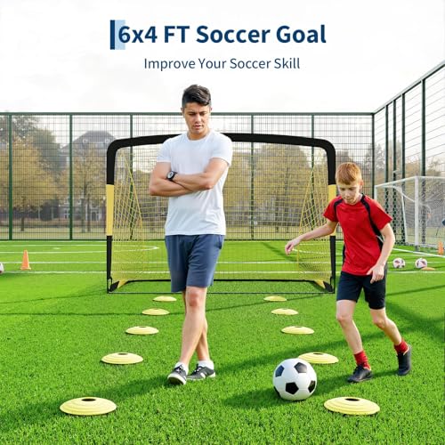 6x4 ft Soccer Goal 2 Pack, Kids Soccer Goals for Backyard Set, Portable Pop Up Soccer Net with Soccer Ball, Cones, Ground Stakes & Carrying Bag, Complete Training Equipment, for Indoor Outdoor