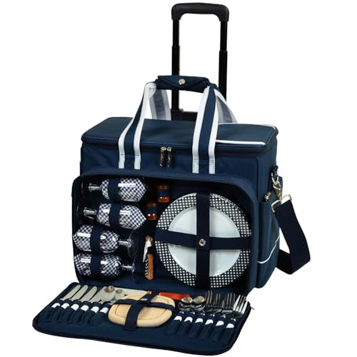 Picnic at Ascot- Original Insulated Picnic Cooler on Wheels with Service for 4- Designed & Assembled in the USA - color: Navy With Wheels
