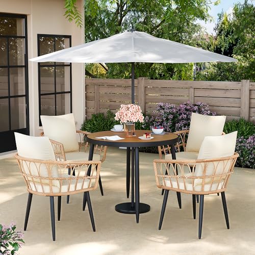 Pamapic 5-Pieces Patio Dining Set with Wood Table Top, All-Weather PE Rattan Patio Furniture Set, Outdoor Dining Furniture with Removable Cushion Chairs & Round Table for Garden Lawn Patio,Cream - color: Cream, size: 5 PCS