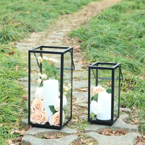 Lantern Decorative Outdoor & Indoor, 14.3'' & 11''H Metal Candle Lanterns Decor, Vintage Hanging Candle Holder for Front Porch Patio Wedding Farmhouse Home, Spring Decoration - color: Black / 14.3‘’h + 11‘’h / Timed Candles