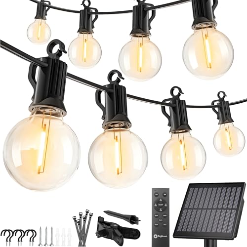 Brightown Solar String Lights Outdoor Waterproof with Remote Cable Ties and Hooks, 38FT Patio Lights with 15 LED Shatterproof Bulbs, 3 Light Modes, Dimmable Hanging Lights for Backyard Party Decor - size: 38FT G40