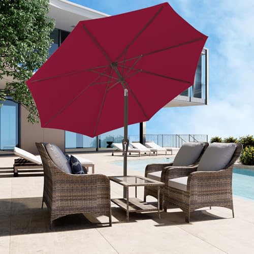 JEAREY 9FT Outdoor Patio Umbrella Outdoor Table Umbrella with Push Button Tilt and Crank, Market Umbrella 8 Sturdy Ribs UV Protection Waterproof for Garden, Deck, Backyard, Pool (Brick Red) - color: Dark Red