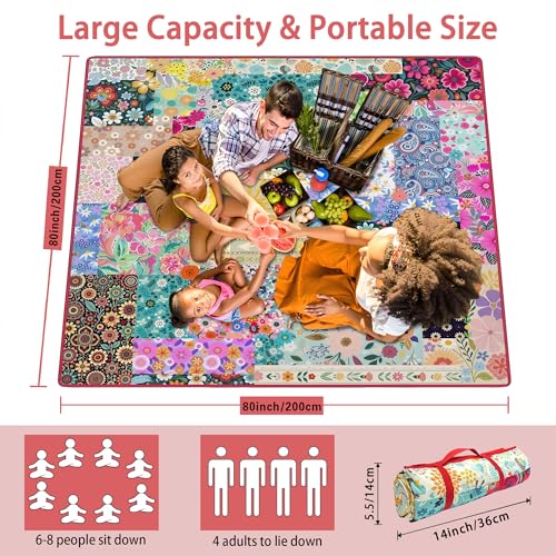 Supfitness Extra Large Picnic Blankets Waterproof Foldable (80 "x 80") Beach Blanket Waterproof Sandproof,3-Layer Thicking Mat Outdoor Packable Camping Blanket(Bohemian) - color: Flower, size: 80x80in