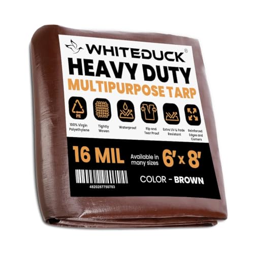 WHITEDUCK Super Heavy Duty Poly Tarp Cover 16 Mil & 10 Mil with Grommets and Reinforced Edges (Brown, White & Silver Black) (Brown- 16 Mil, 6' x 8') - color: Brown- 16 Mil, size: 6' x 8'