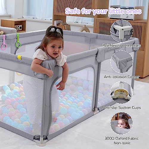 Dripex Large Baby Playpen 71"x47", Big Play Pens for Babies and Toddlers- Indoor & Outdoor Kids Safe Play Area, Soft Breathable Visible Mesh, Anti-Fall & Anti-Slip Design Baby Fence, Grey - color: Grey, size: 71"×47"