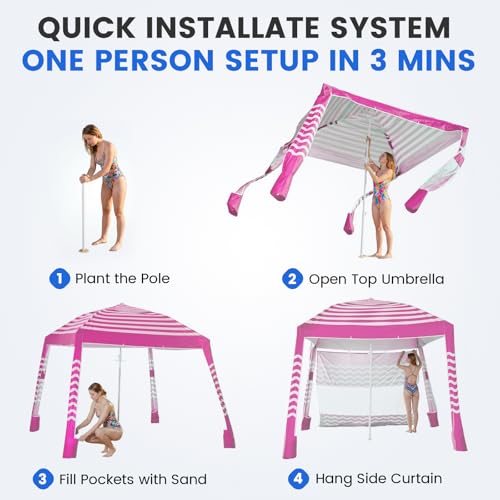 Zeraty Beach Cabana 8'×8', Portable Beach Canopy with Side Wall, UPF 50+ Silver-Coated Beach Tent Sun Shelter, Wind Resistant Adjustable Altitude Beach Umbrella Tent for Family, Pink - color: Pink