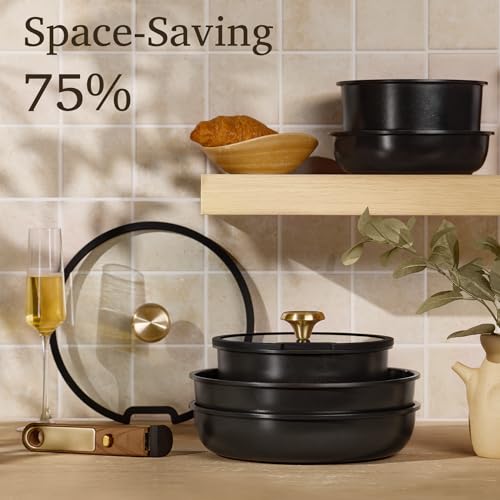 CAROTE 15Pcs Ceramic Cookware Set, Pots and Pans Set Non stick, Kitchen Cooking Set with Detachable Handle, Non Toxic Induction Cookware, Dishwasher/Oven Safe, PFAS Free, Black&Gold - color: Black