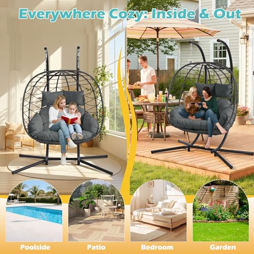 Double Outdoor Hanging Egg Chair with Stand & Oversized Cushion, 700LBS Capacity Heavy-Duty Patio Swing Hammock Chair, Thickened Metal Frame for Garden, Balcony, Bedroom (Gray, Grand) - color: Grey, size: Grand