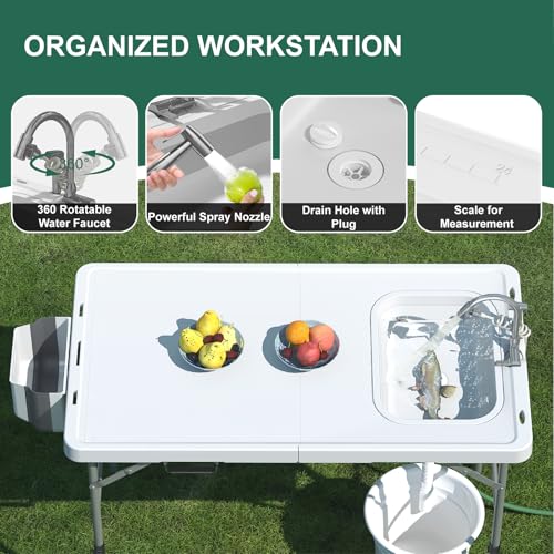 Folding Fish Cleaning Table with Sink, 50"x27" Bi-Folding Portable Camping Sink Station with Drain Hose, Trash Can, Gloves and Cleaning Kits, Foldable Outdoor Sink for Camping, Fishing, BBQ - style: Fish cleaning table Bi-Folding