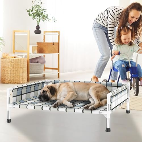 Elevated Raised Outdoor Dog Bed - Cooling Washable Dog Cot with Guardrail, Durable & Breathable Cotton Mesh Pet Hammock Beds with Stainless Steel Pipe Frame for Large Pets (34'' x 26'' x 12'') - size: 34'' x 26'' x 12''