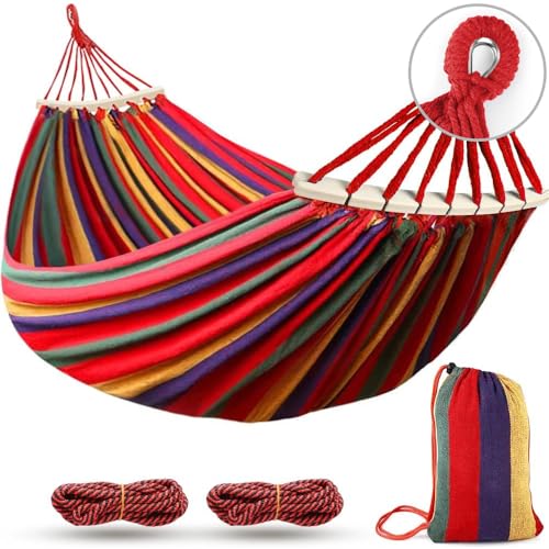 MOSFiATA Hammocks Portable Camping Hammock Upgraded 550lb Comfortable Fabric Hammock with Two Anti Roll Balance Beam and Sturdy Tree Straps for Camping, Patio, Backyard, Outdoor - color: Red