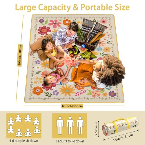 Supfitness Extra Large Picnic Blankets Waterproof Foldable (60 "x 80") Beach Blanket Waterproof Sandproof,3-Layer Thicking Mat Outdoor Packable Camping Blanket - color: Flora, size: 60x80in