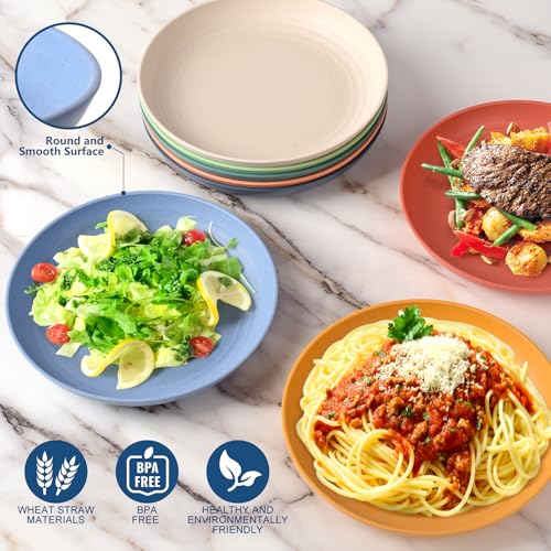 HOTEC 8-Pack 8inch BPA Free Unbreakable Deep Plastic Plates, Wheat Straw Camping Plates Dishwasher Safe Kitchen Plates Dinnerware Multicolor - color: Multicolor-8, size: 8inch